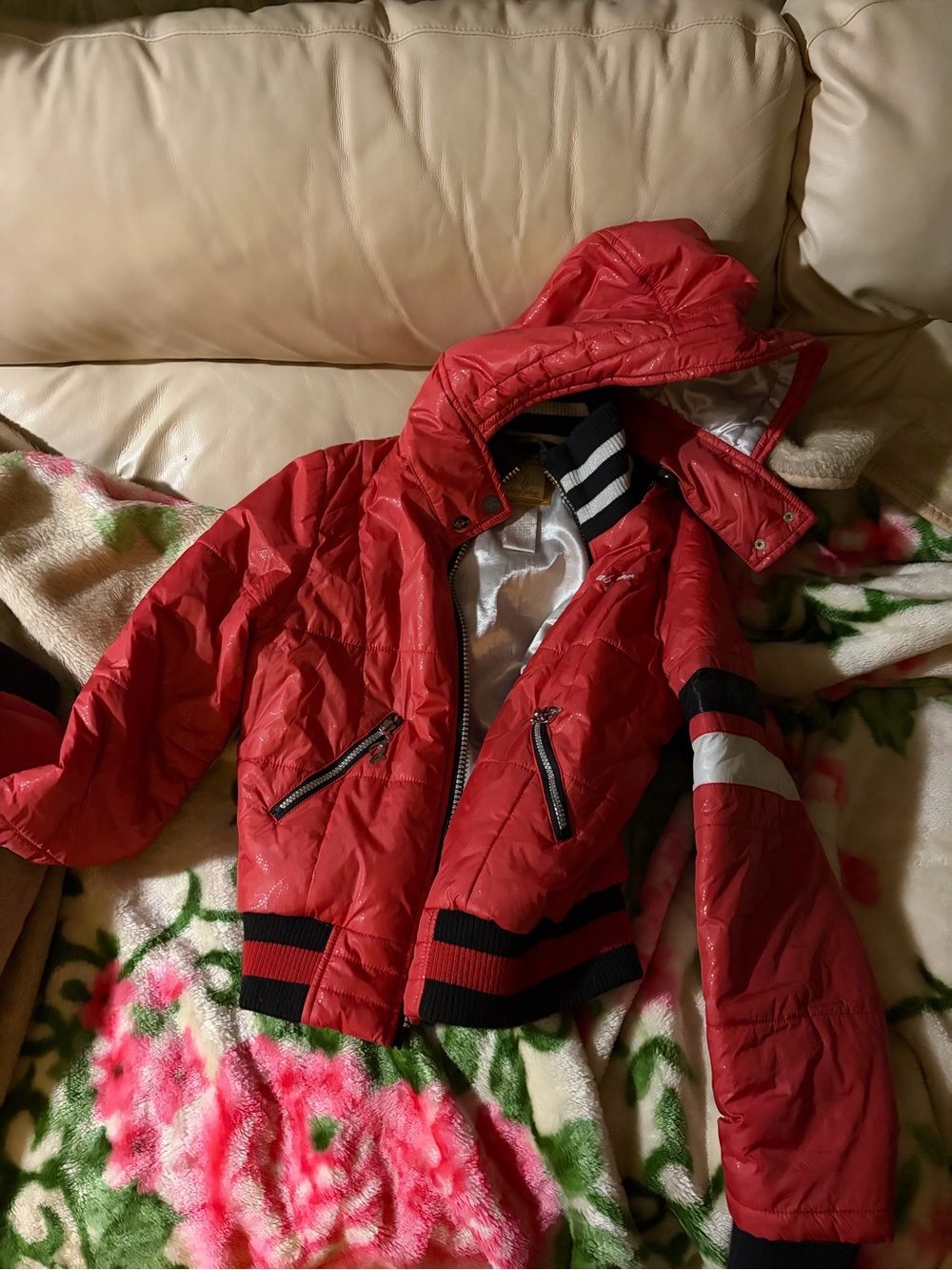 Baby Phat Red Hooded Puffer Jacket with Stripe Details